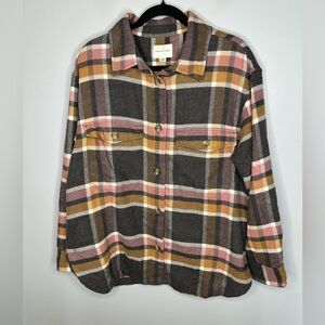 American Eagle Women’s Plaid Button Shirt Jacket Flannel Shacket Brown Pink L
